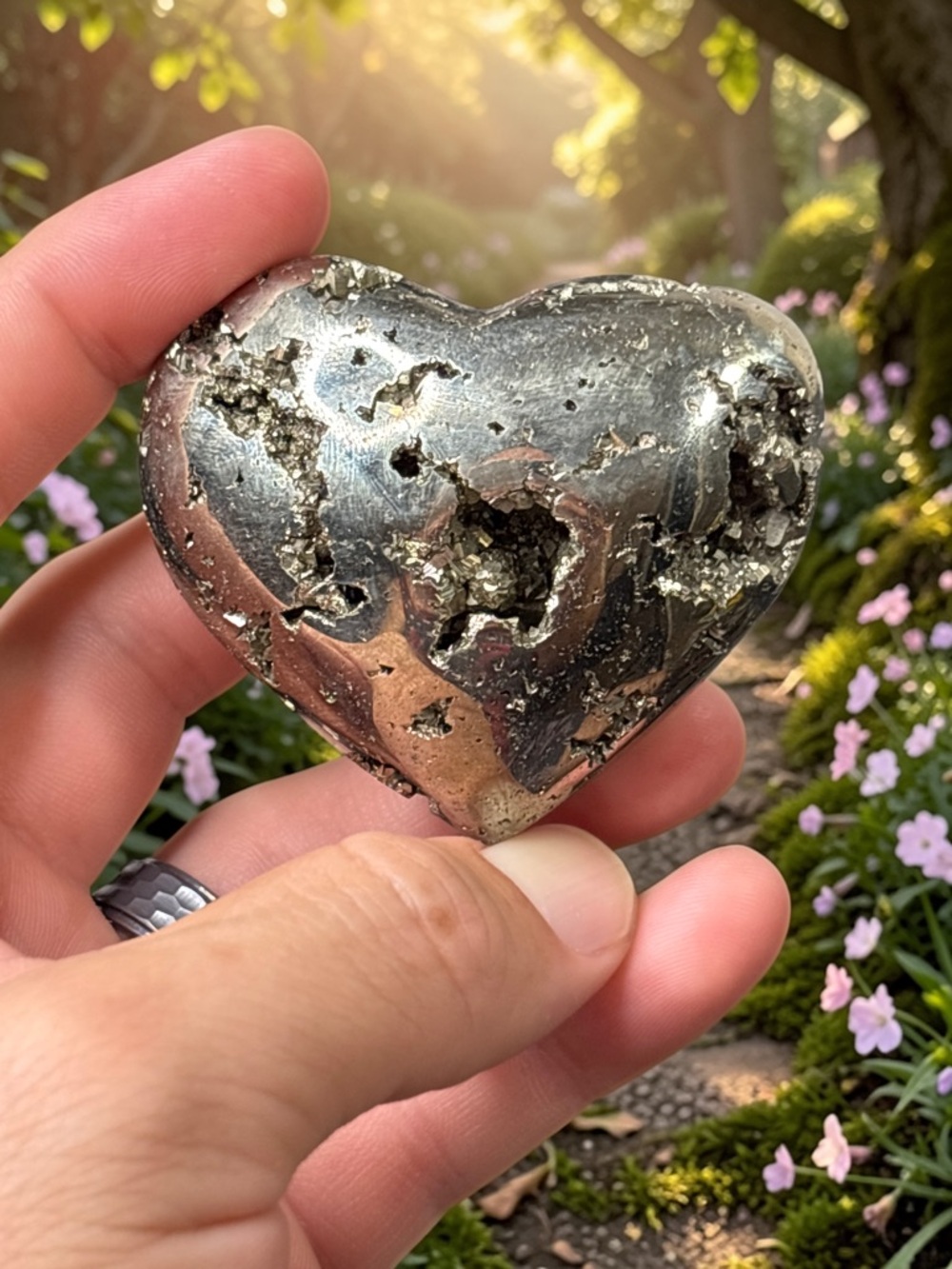 Heart-Shaped Pyrite Stone — Metallic Gold Heart